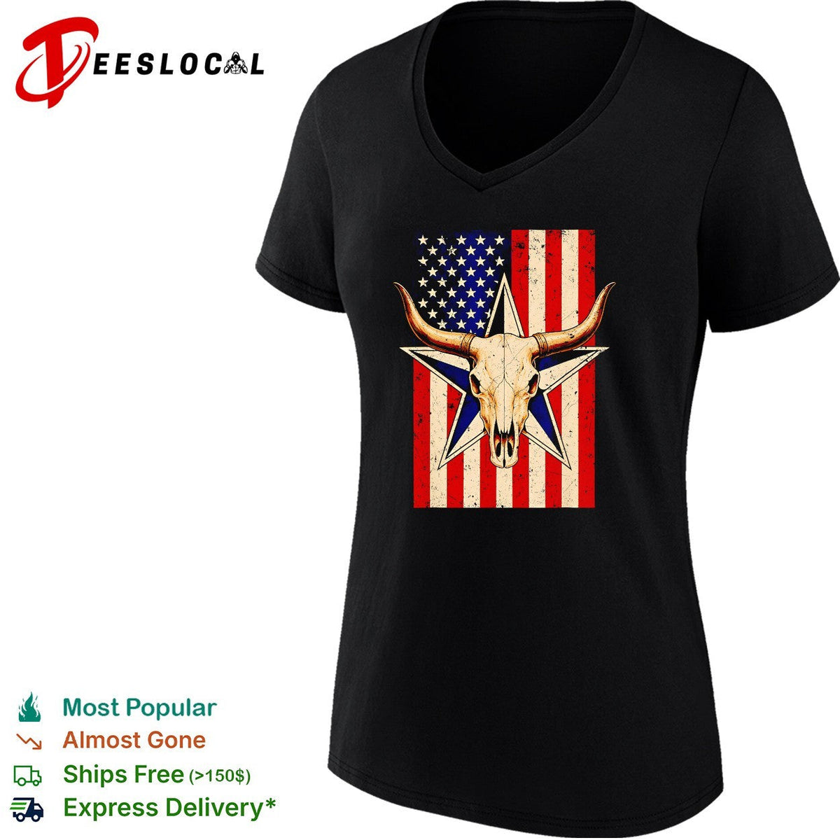Longhorn skull American flag star vintage shirt Unisex