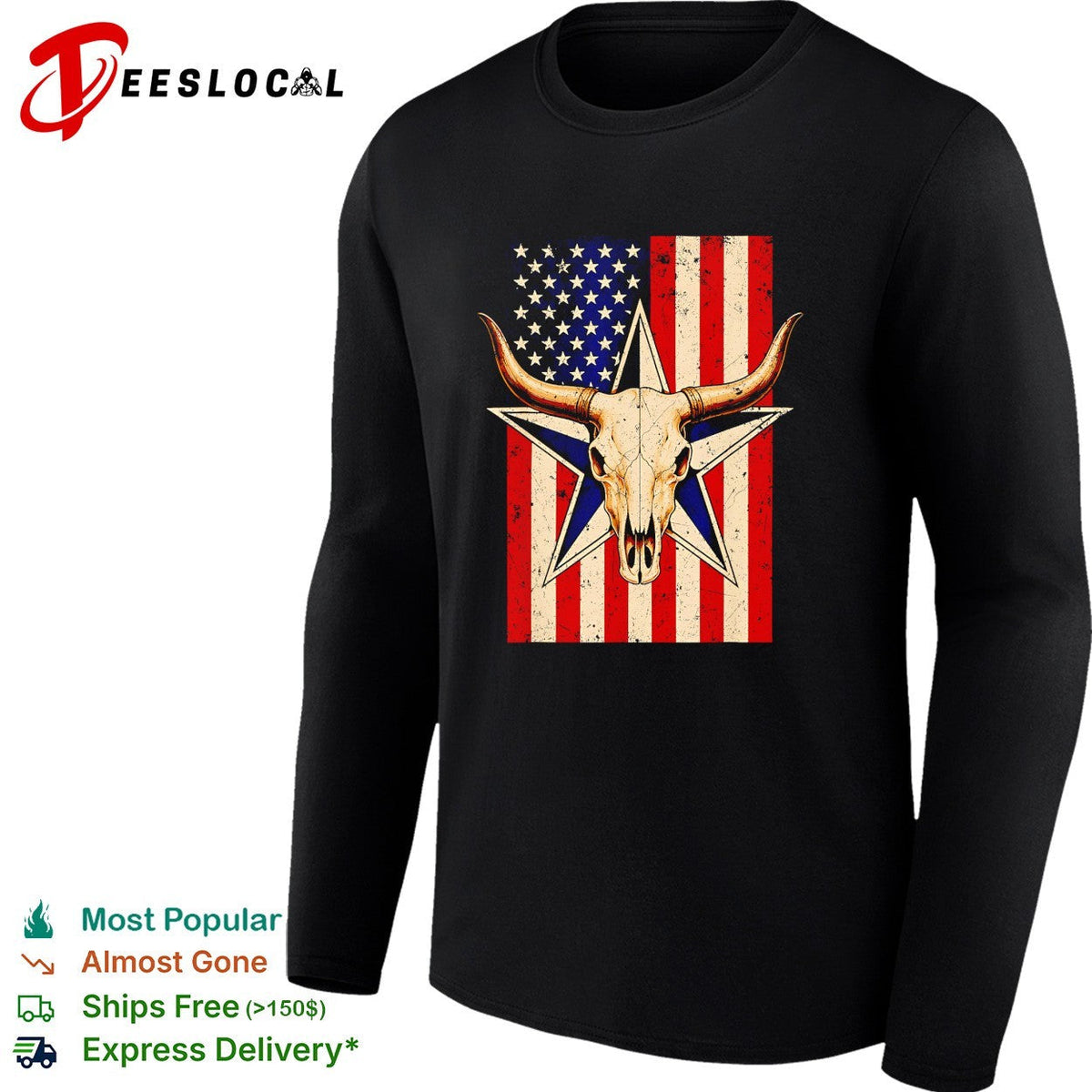 Longhorn skull American flag star vintage shirt Unisex