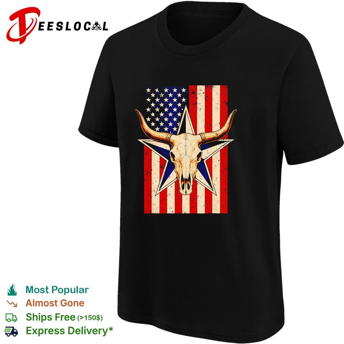 Longhorn skull American flag star vintage shirt Unisex