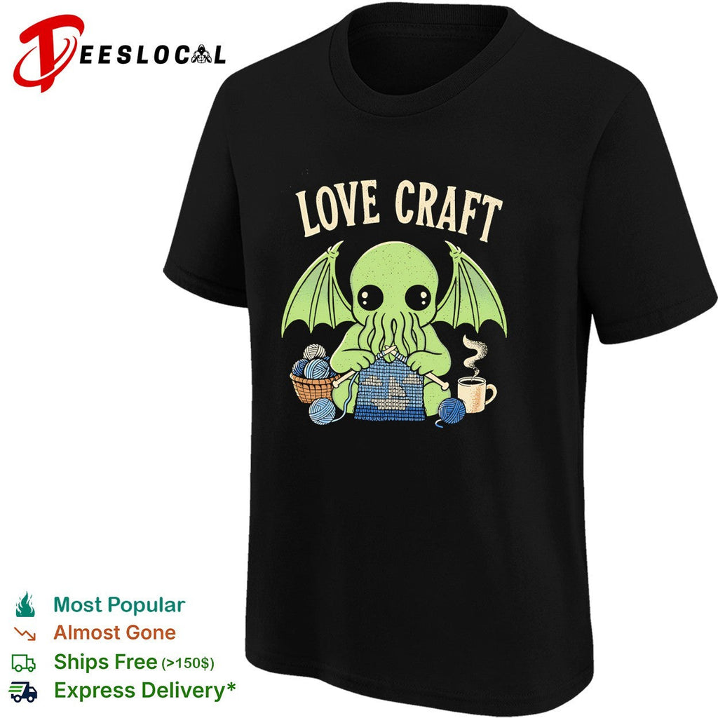 Love Craft Cthulhu Knitting Yarn Coffee Steam Parody Pop Culture Mythos Shirt Unisex
