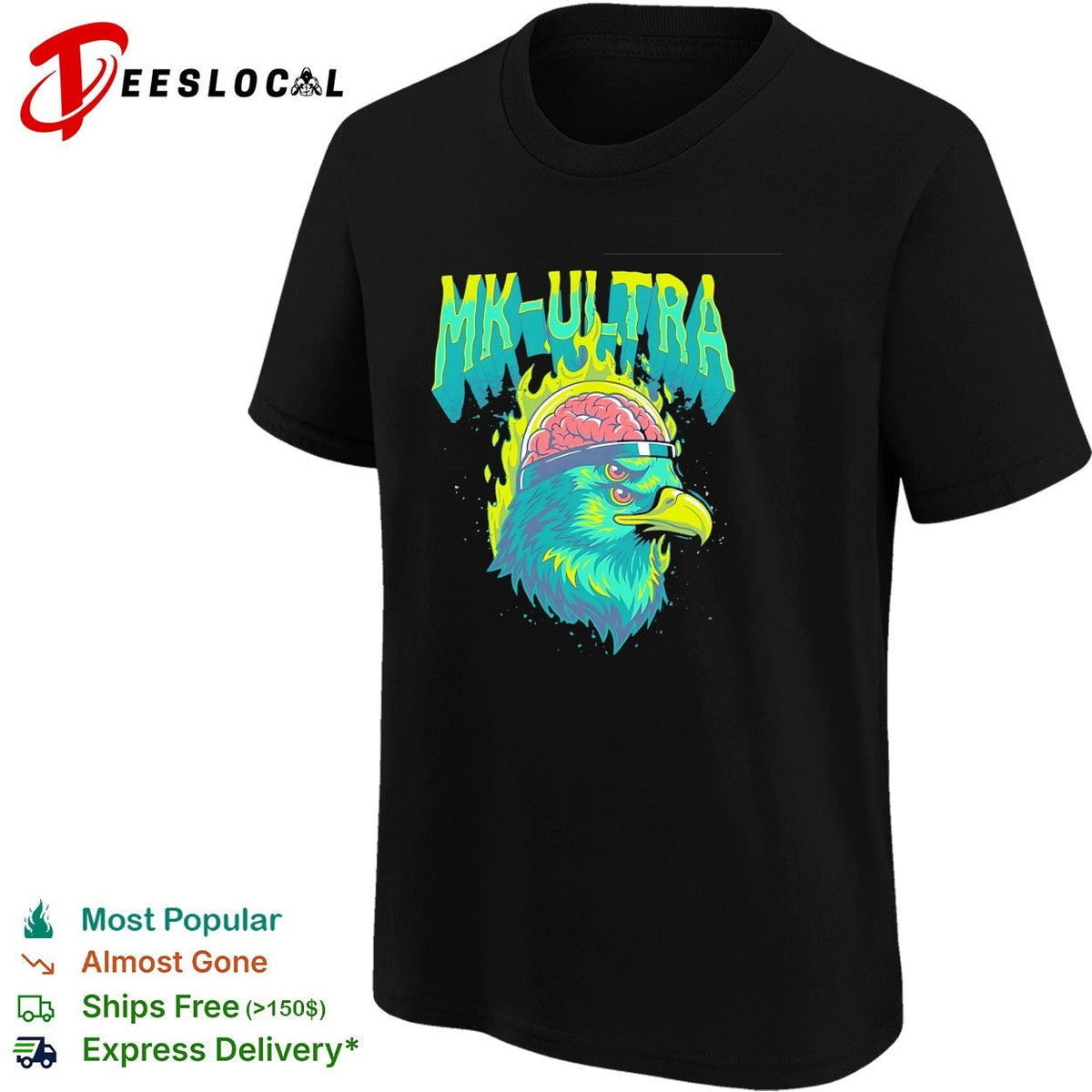 MKUltra green and yellow eagle with glowing brain illustration graphic shirt Unisex