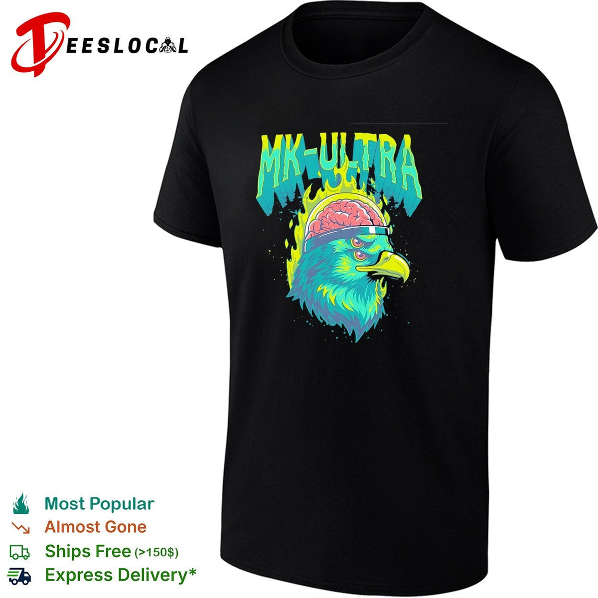 MKUltra green and yellow eagle with glowing brain illustration graphic shirt Unisex