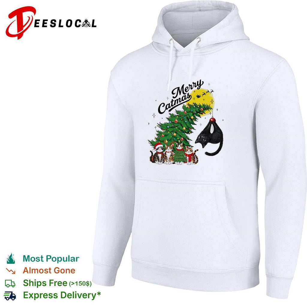 Merry Catmas cats around Christmas tree holiday humor shirt Unisex