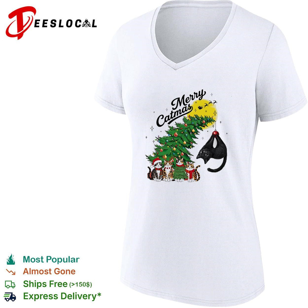 Merry Catmas cats around Christmas tree holiday humor shirt Unisex
