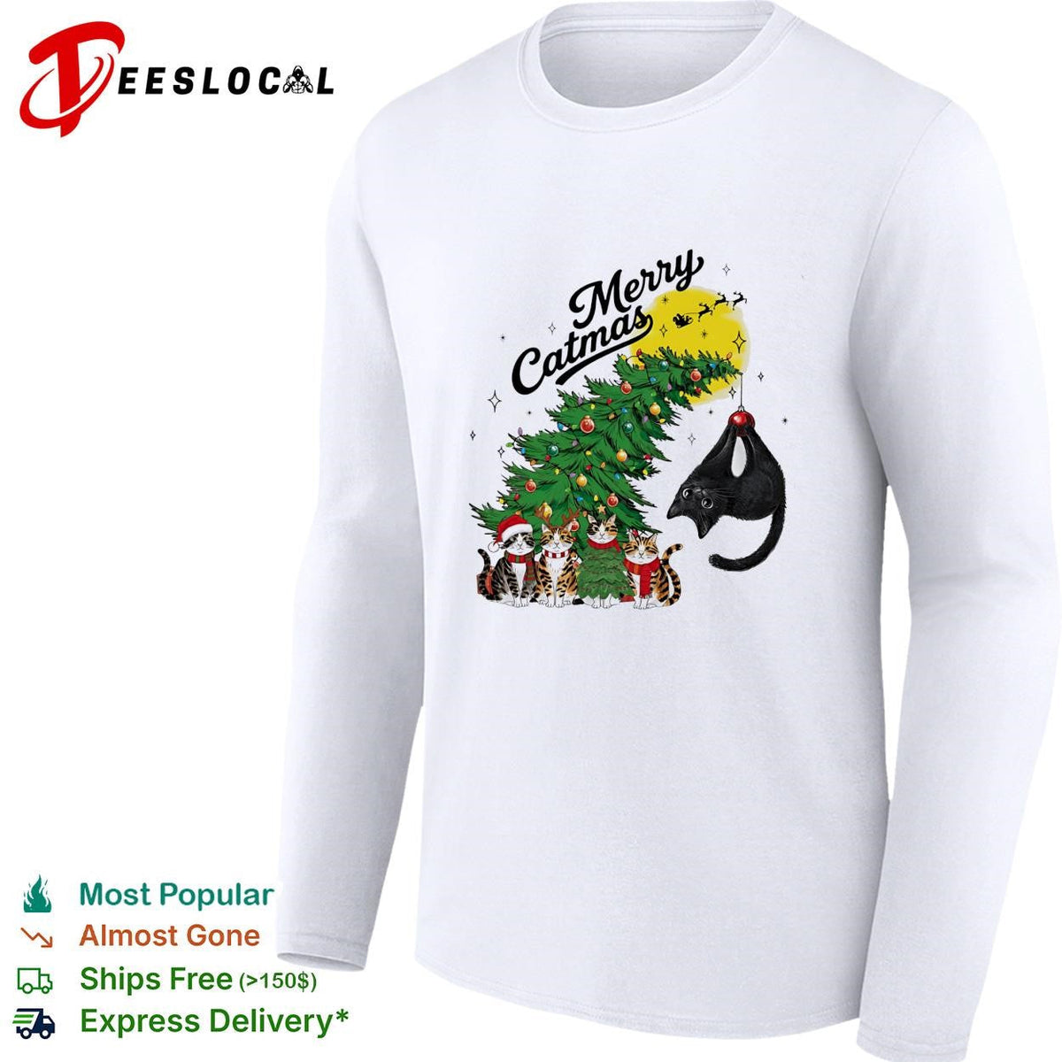 Merry Catmas cats around Christmas tree holiday humor shirt Unisex