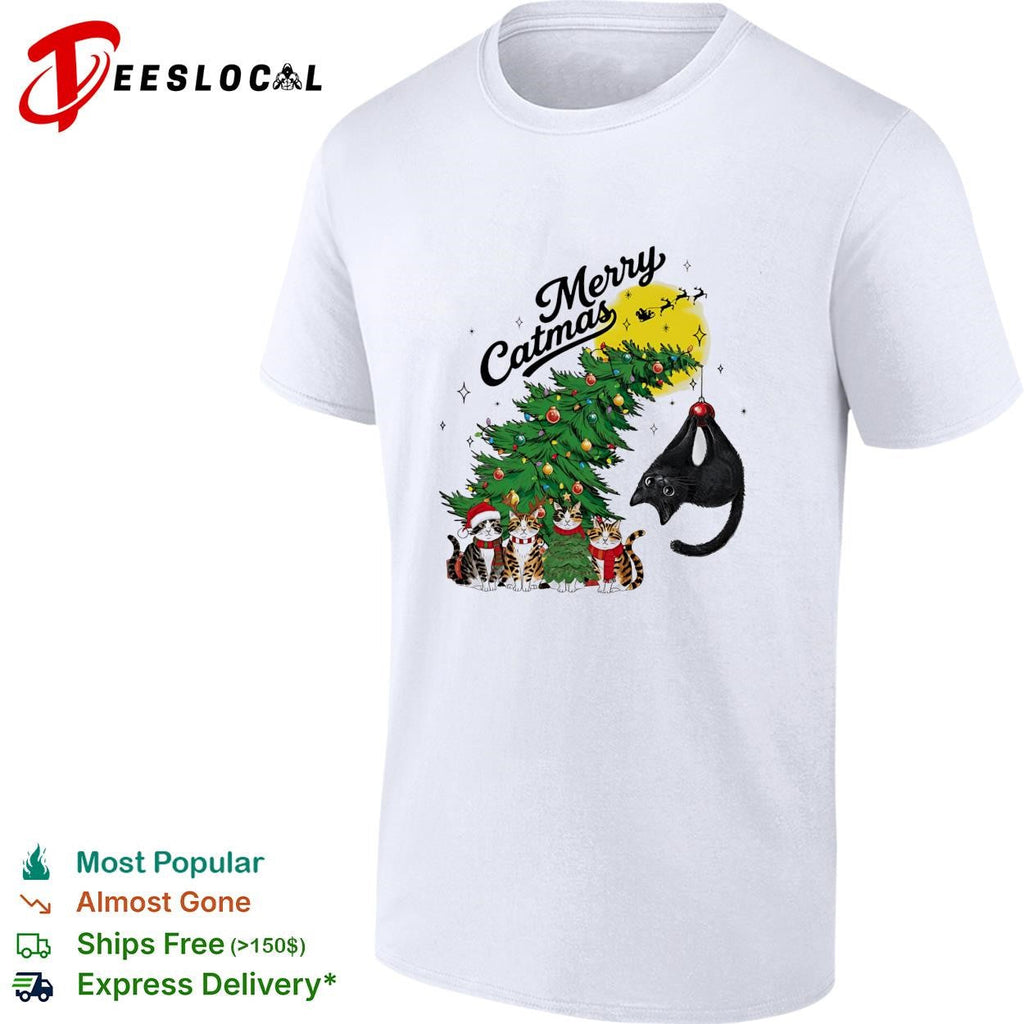 Merry Catmas cats around Christmas tree holiday humor shirt Unisex