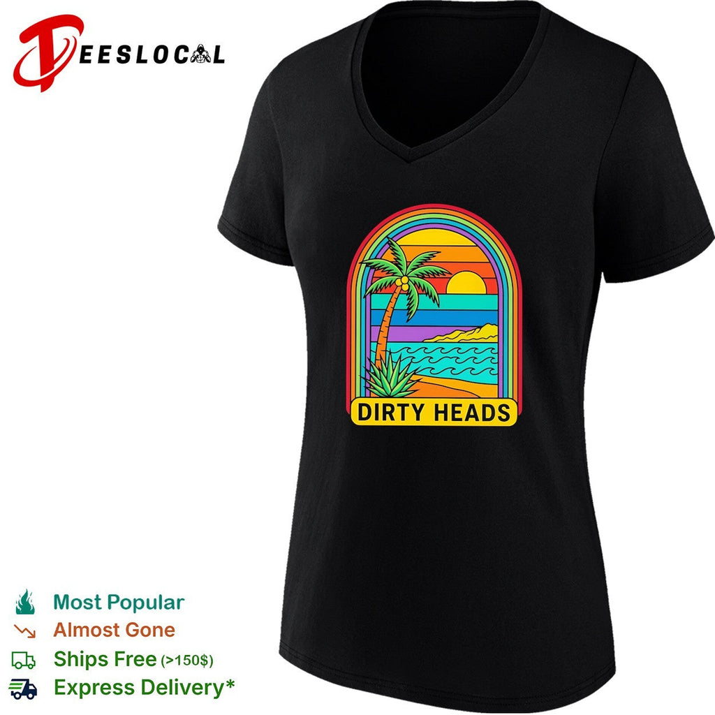 Tropical beach palm tree rainbow arch sunset vintage poster art shirt Unisex