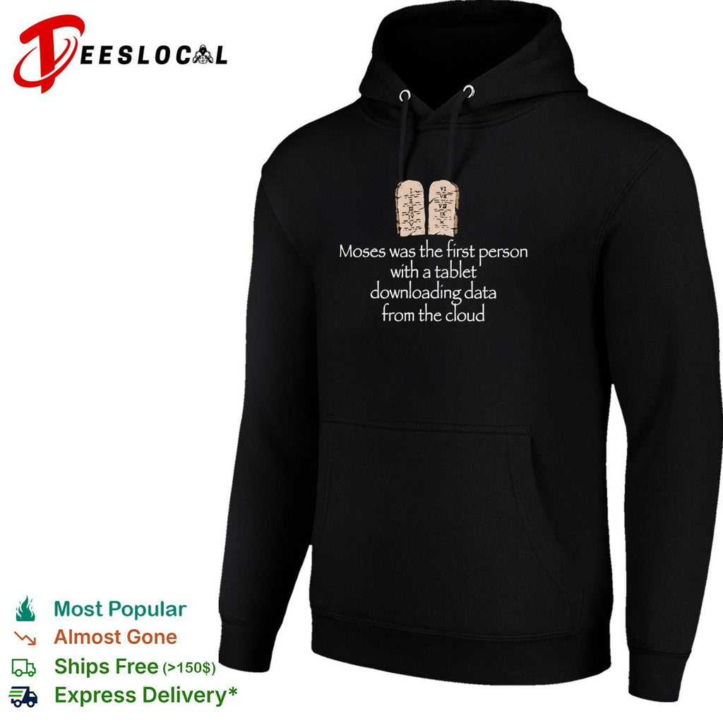 Moses first person with a tablet downloading data from the cloud shirt Unisex