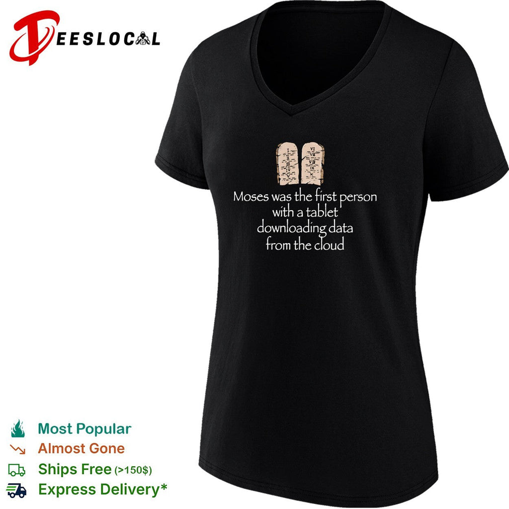 Moses first person with a tablet downloading data from the cloud shirt Unisex