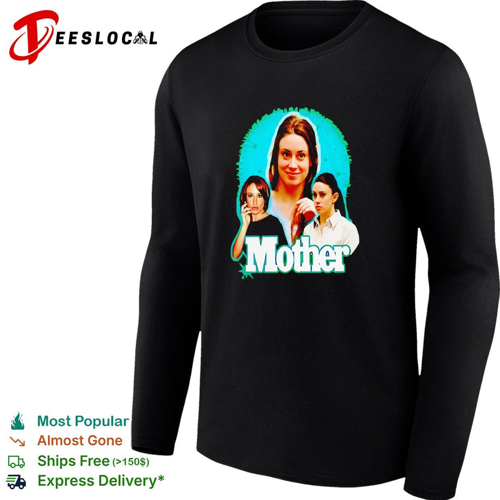 Mother true crime photo montage bold white lettering dark graphic shirt Unisex