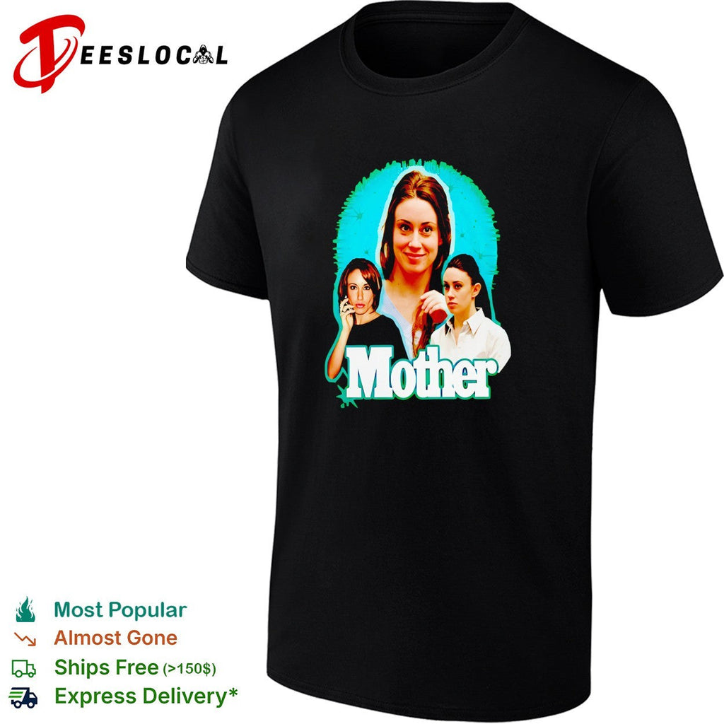 Mother true crime photo montage bold white lettering dark graphic shirt Unisex