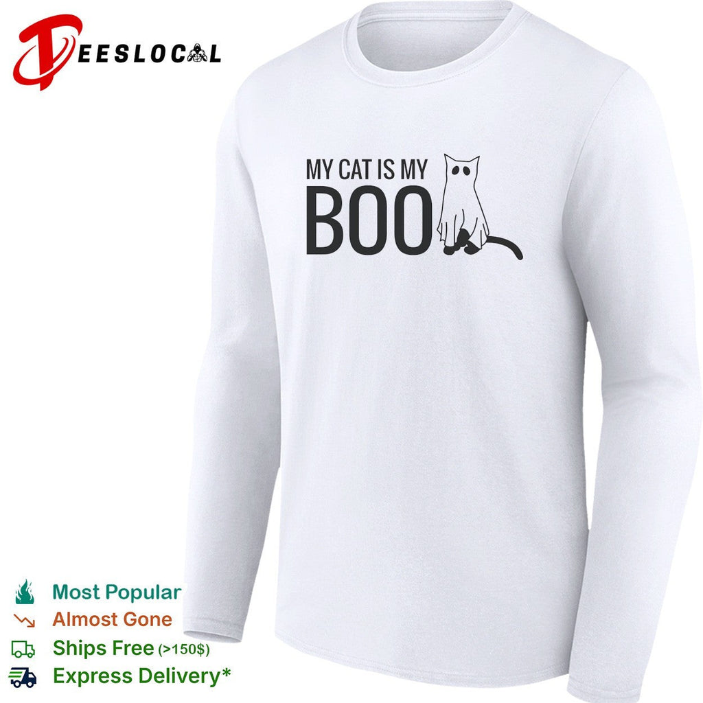 My Cat Is My Boo Ghost Halloween Costume Funny Animal Theme White Graphic Shirt Unisex