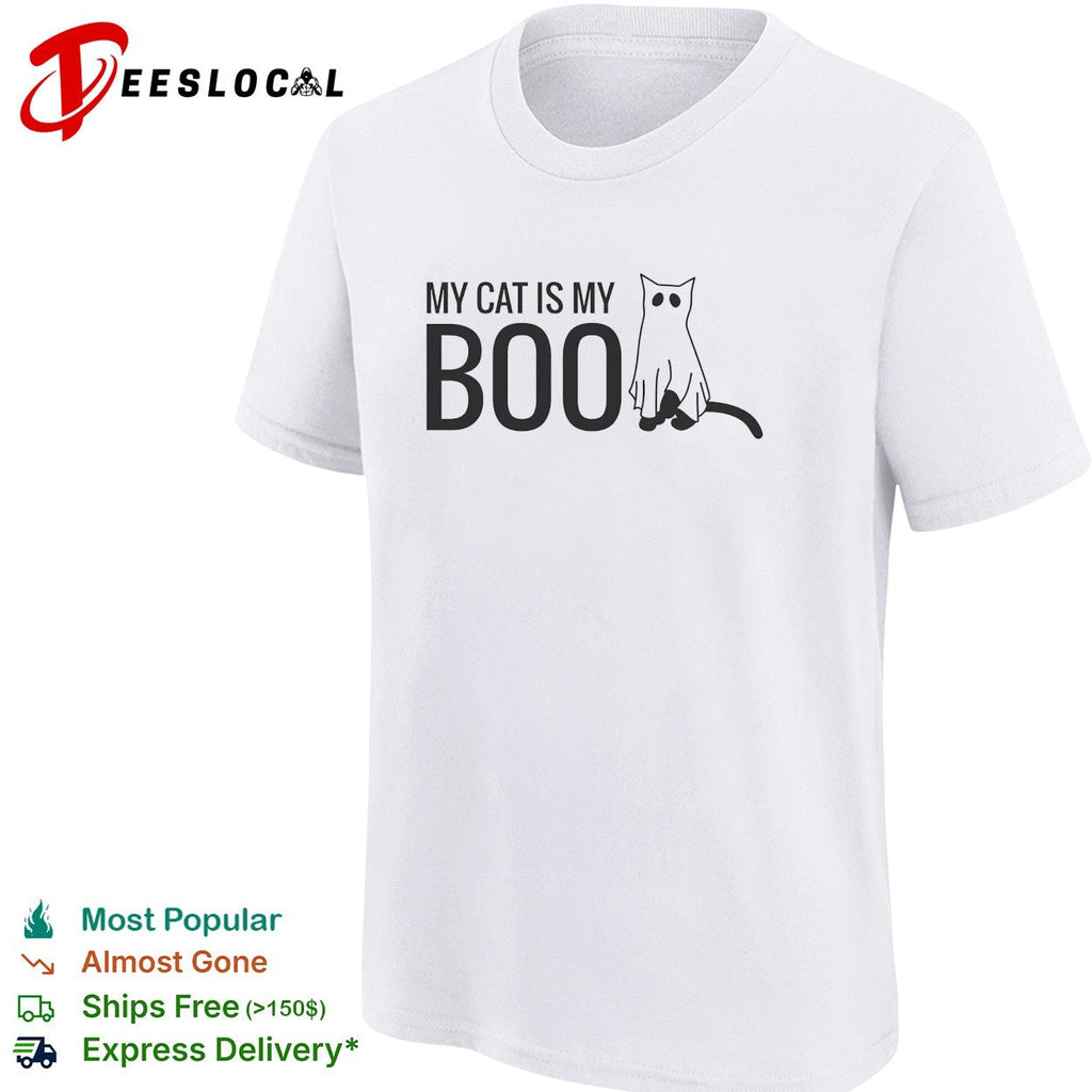 My Cat Is My Boo Ghost Halloween Costume Funny Animal Theme White Graphic Shirt Unisex