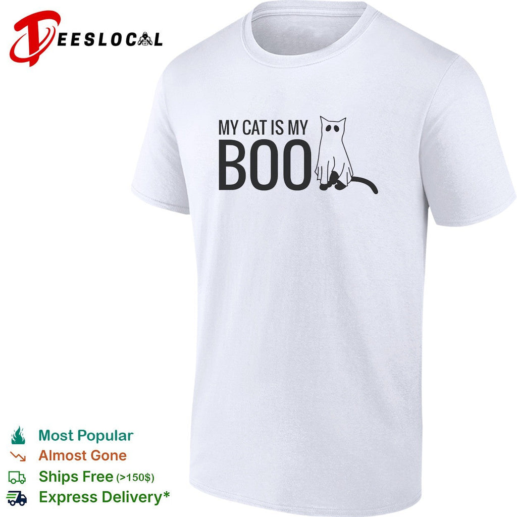 My Cat Is My Boo Ghost Halloween Costume Funny Animal Theme White Graphic Shirt Unisex
