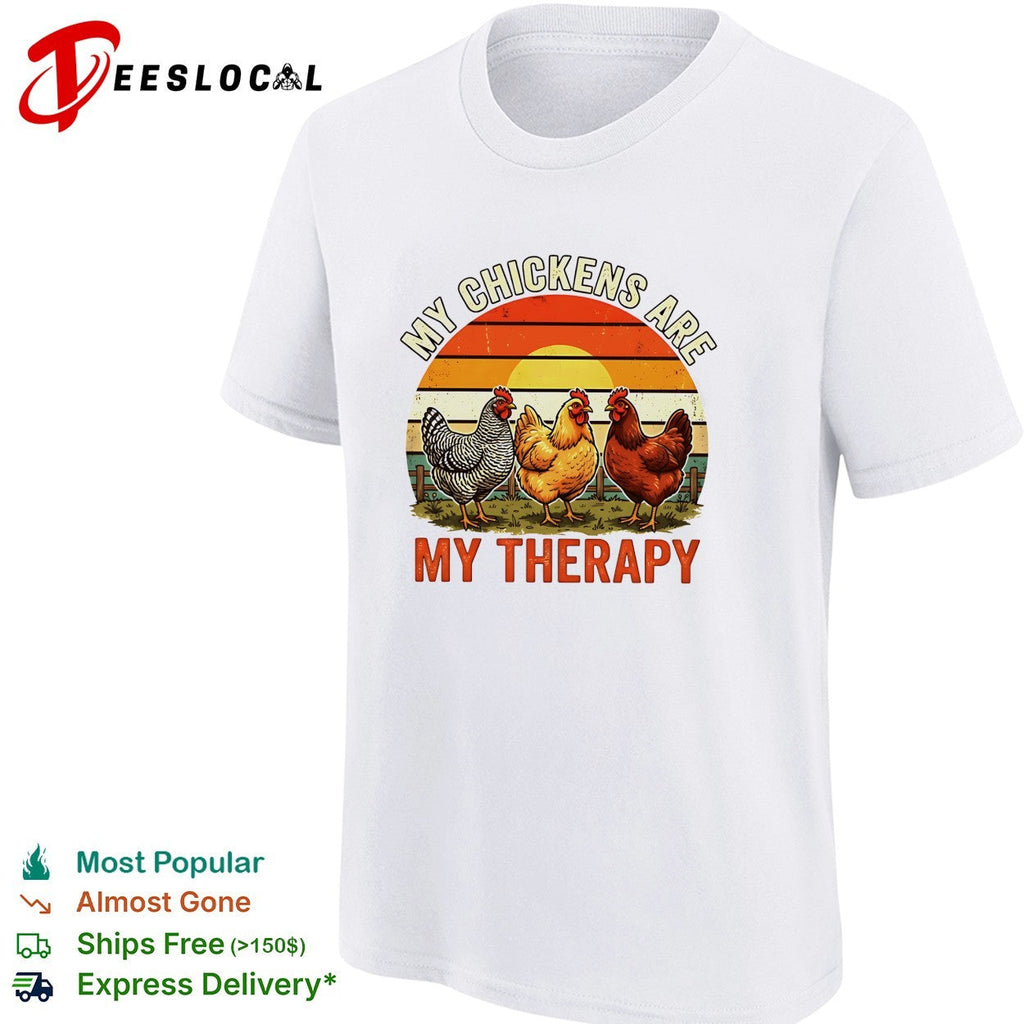 My chickens are my therapy three hens retro sunset illustration graphic shirt Unisex