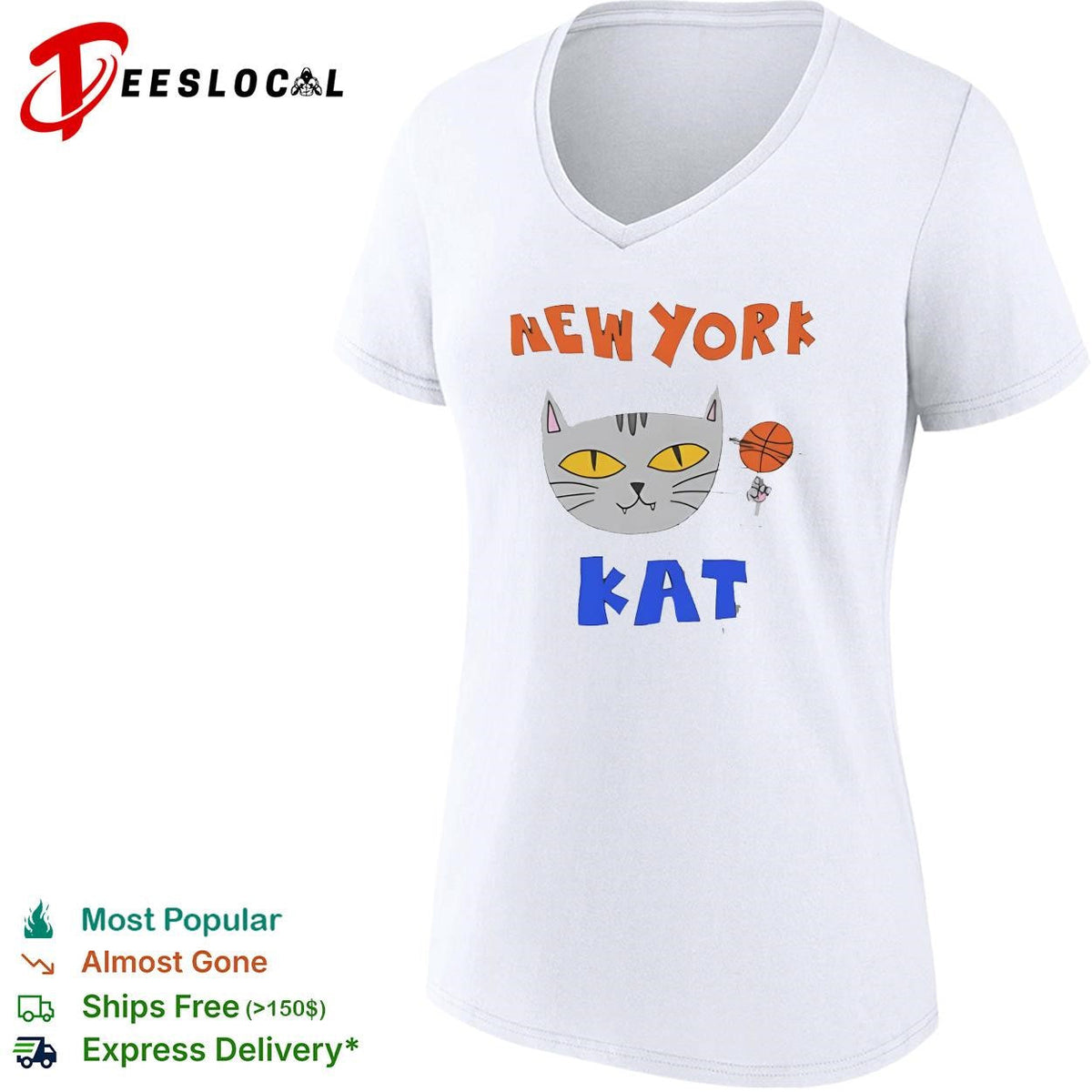 New York Kat cat face with basketball hand drawn cartoon mascot graphic shirt Unisex