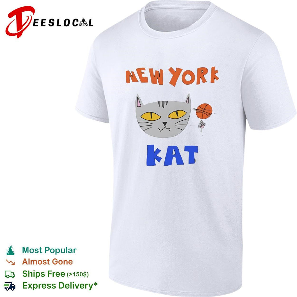 New York Kat cat face with basketball hand drawn cartoon mascot graphic shirt Unisex