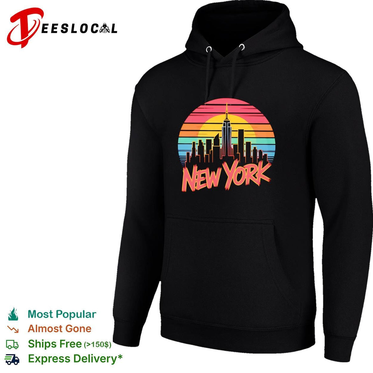 New York skyline city silhouette sunset retro color stripes lettering graphic shirt Unisex