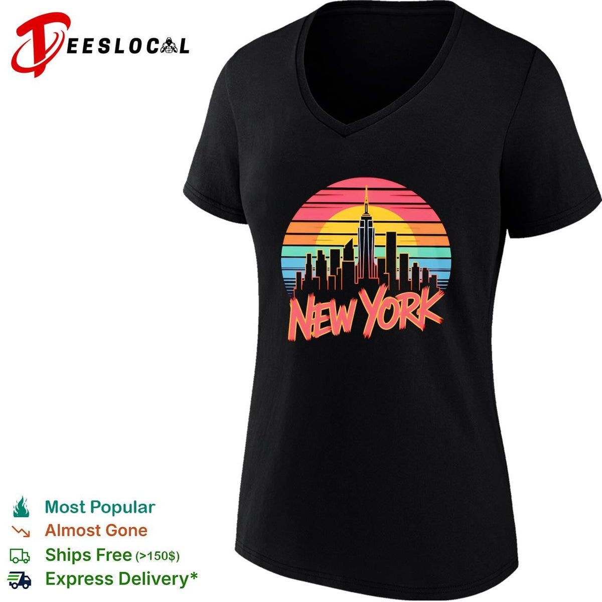 New York skyline city silhouette sunset retro color stripes lettering graphic shirt Unisex