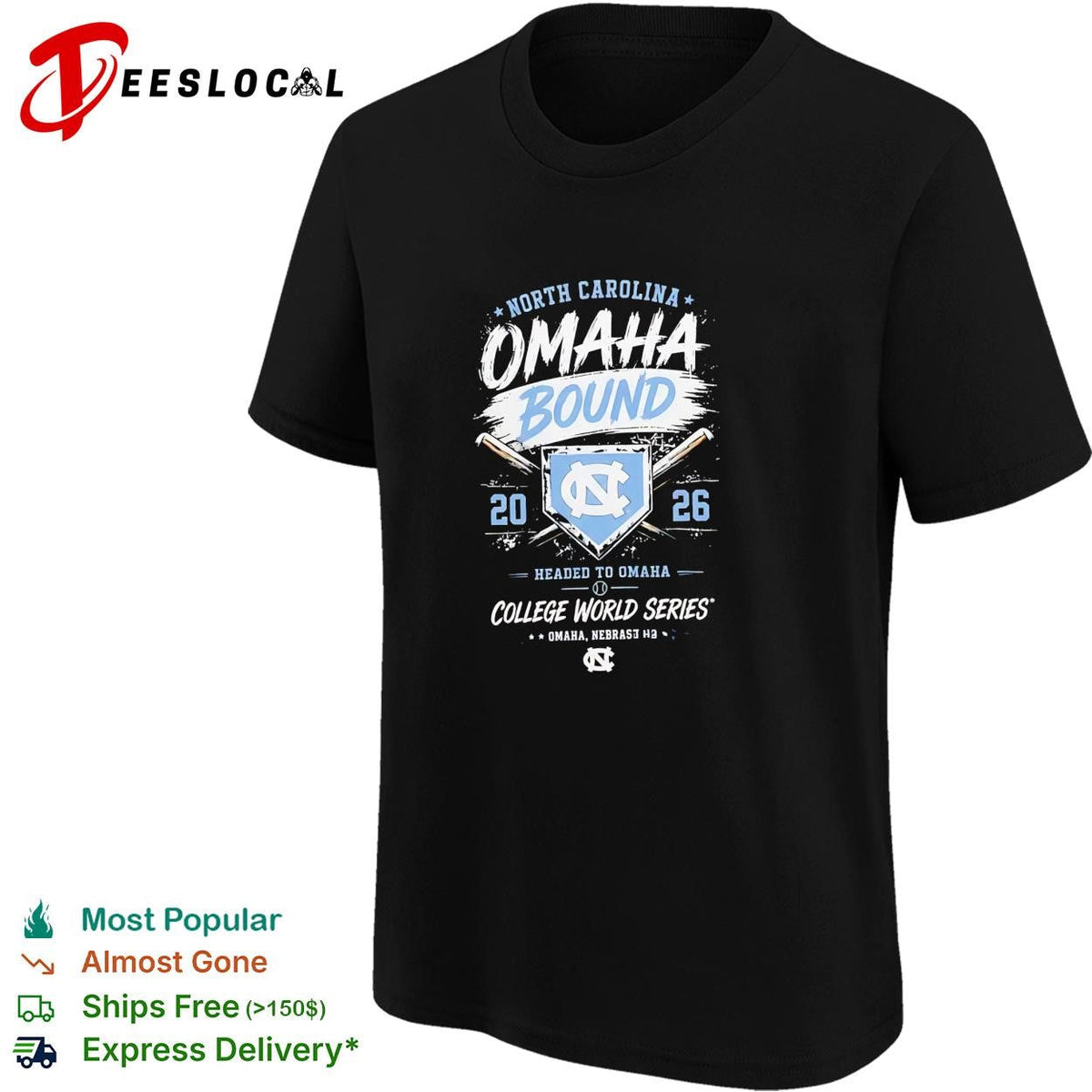 North Carolina Tar Heels Omaha Bound 2026 College World Series baseball dark shirt Unisex