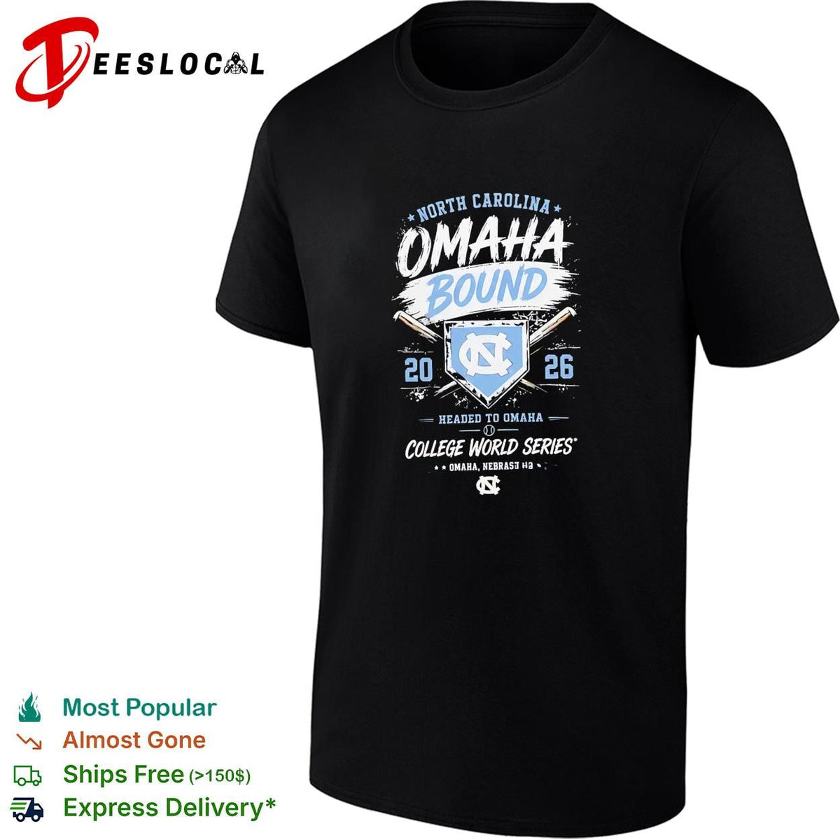 North Carolina Tar Heels Omaha Bound 2026 College World Series baseball dark shirt Unisex