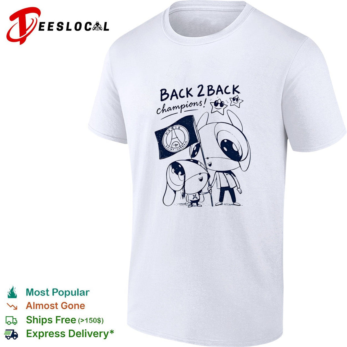 PSG back 2 back champions cute cartoon holding flag shirt Unisex