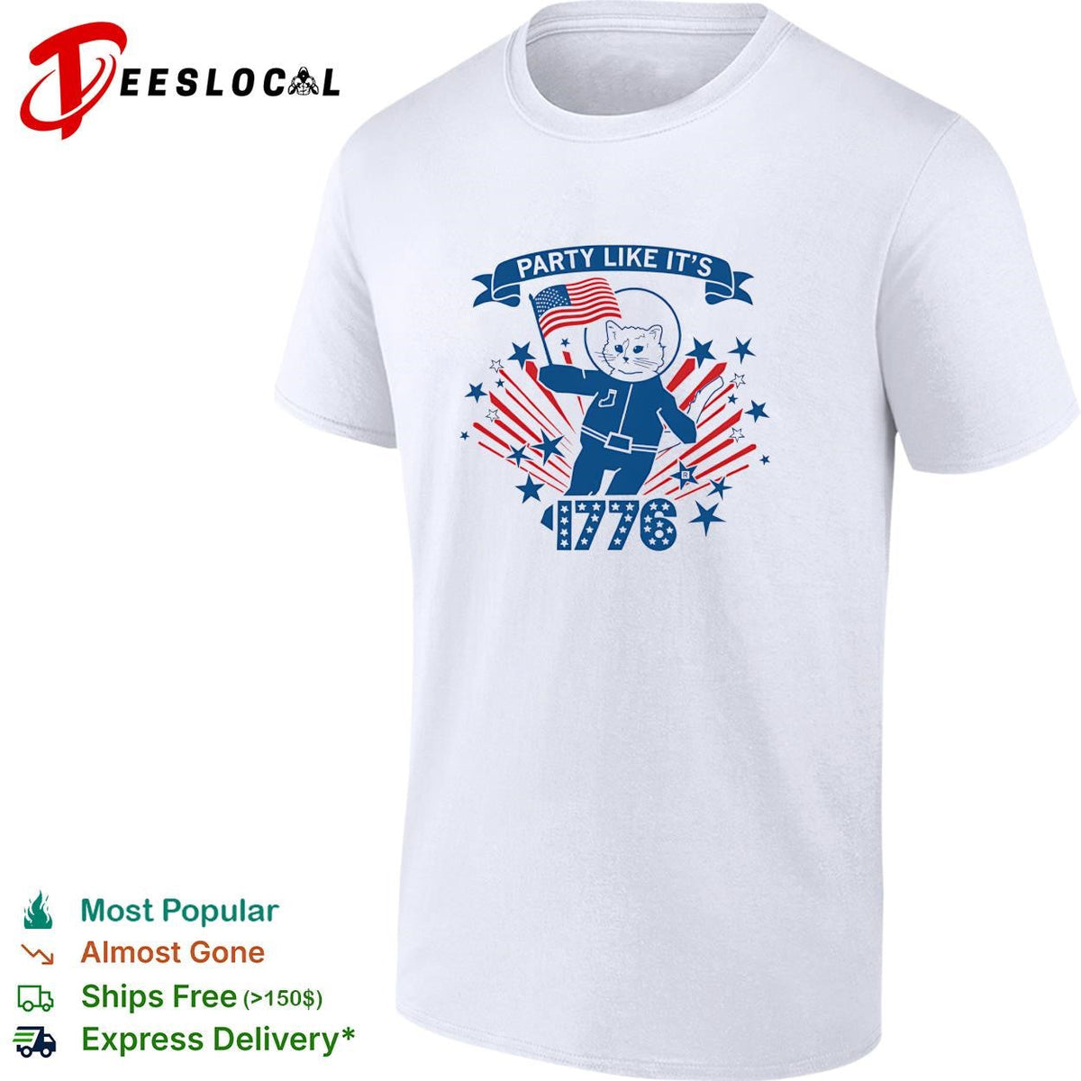 Party like it’s 1776 astronaut cat flag fireworks bold poster shirt Unisex