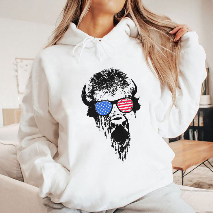 Patriotic Buffalo USA Flag American Red White Blue Sunglasses T Shirt Unisex
