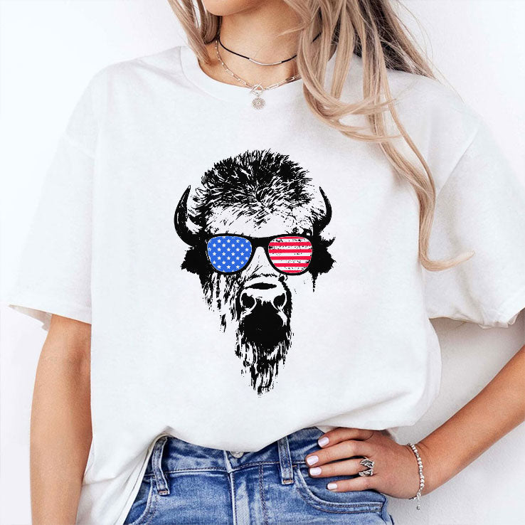 Patriotic Buffalo USA Flag American Red White Blue Sunglasses T Shirt Unisex