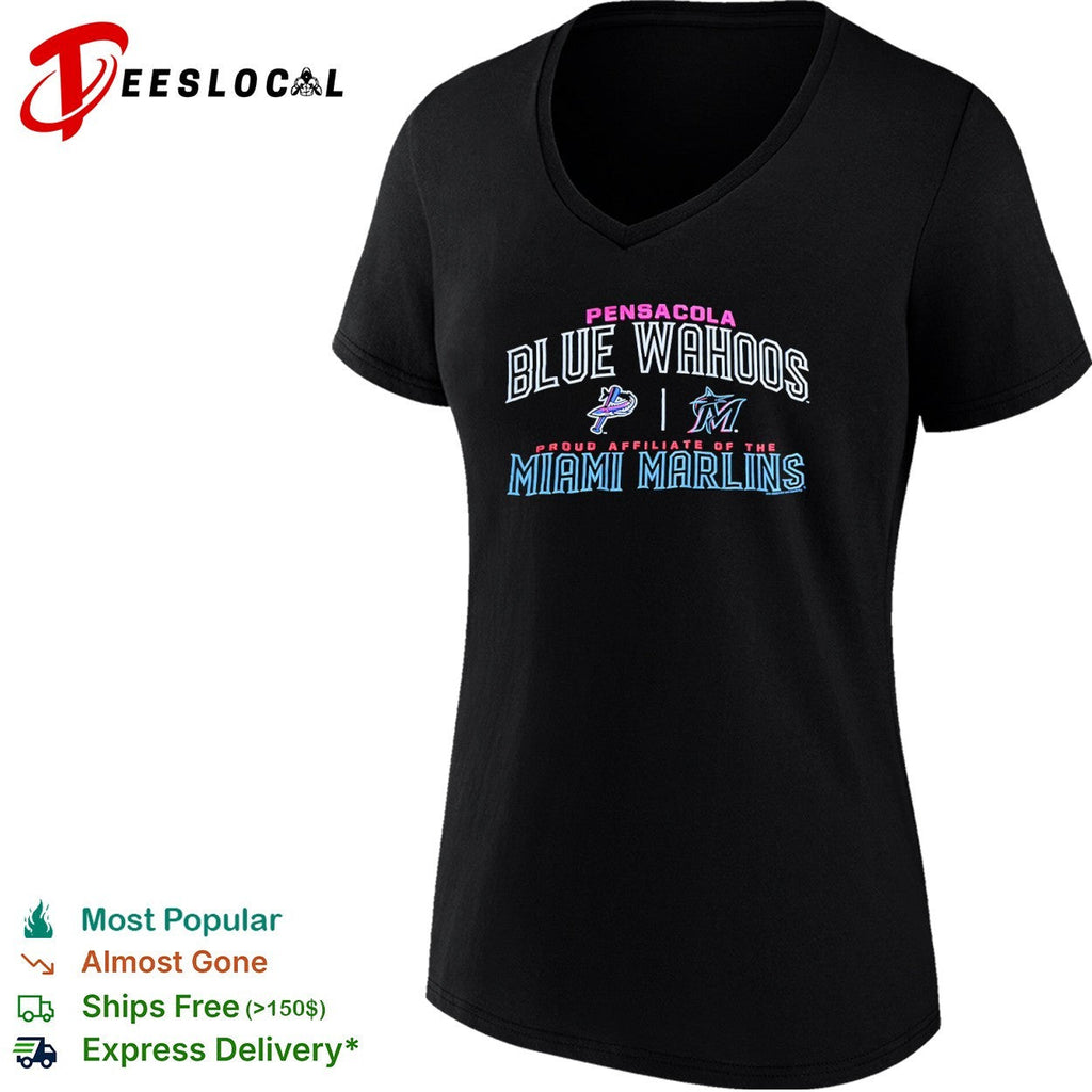 Pensacola Blue Wahoos vs Miami Marlins proud affiliate of the team logos shirt Unisex