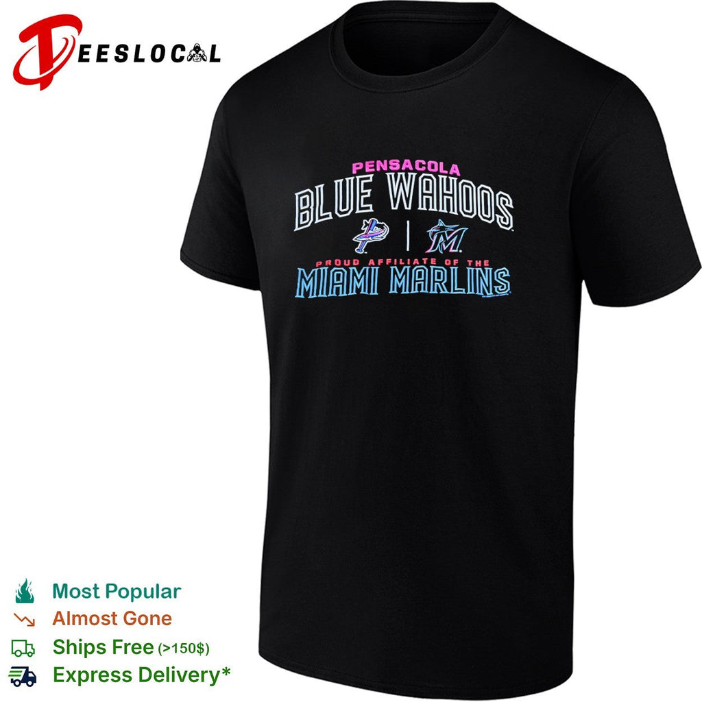 Pensacola Blue Wahoos vs Miami Marlins proud affiliate of the team logos shirt Unisex