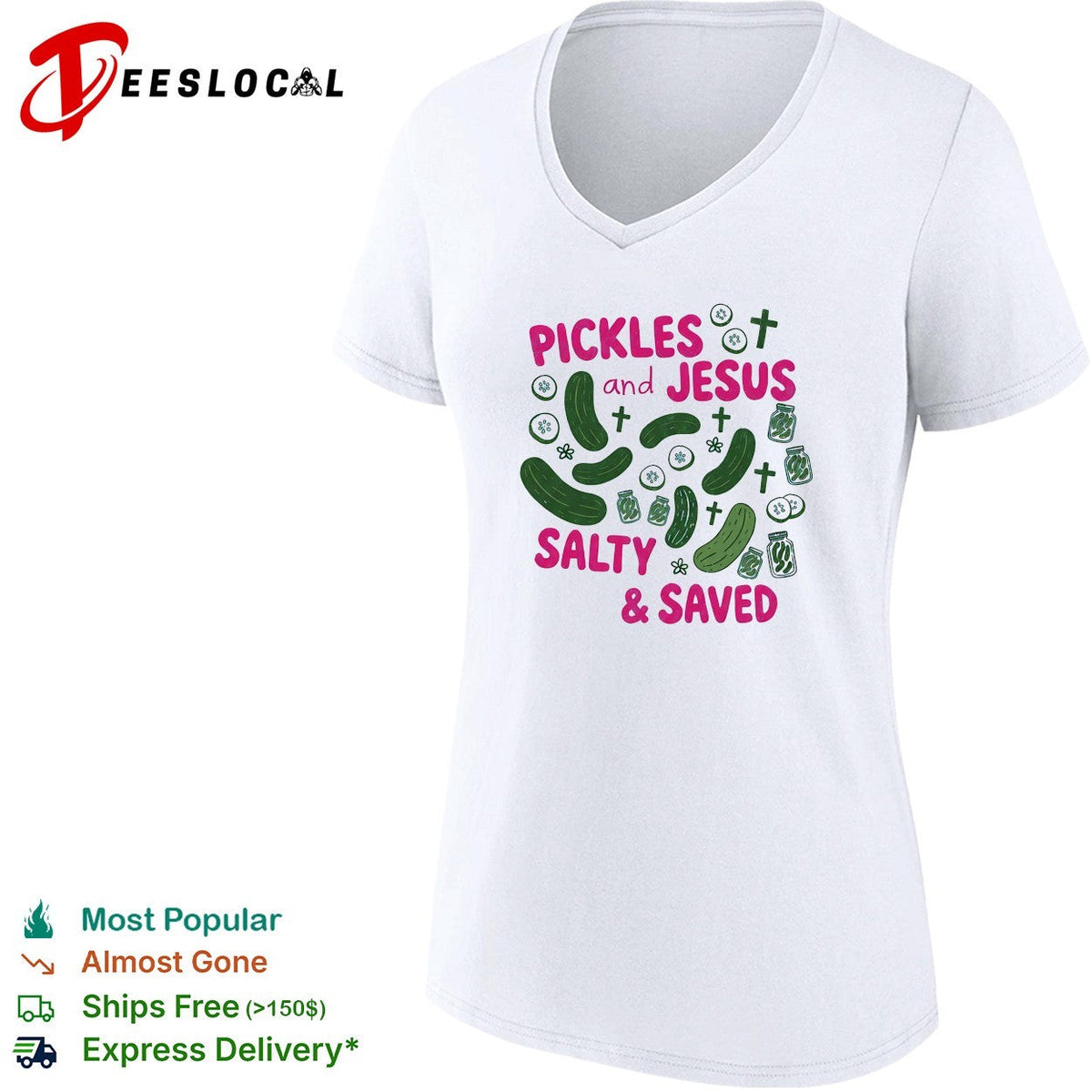 Pickles and Jesus Salty and Saved text with crosses and jar design on a shirt Unisex