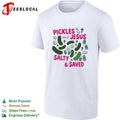 Pickles and Jesus Salty and Saved text with crosses and jar design on a shirt Unisex