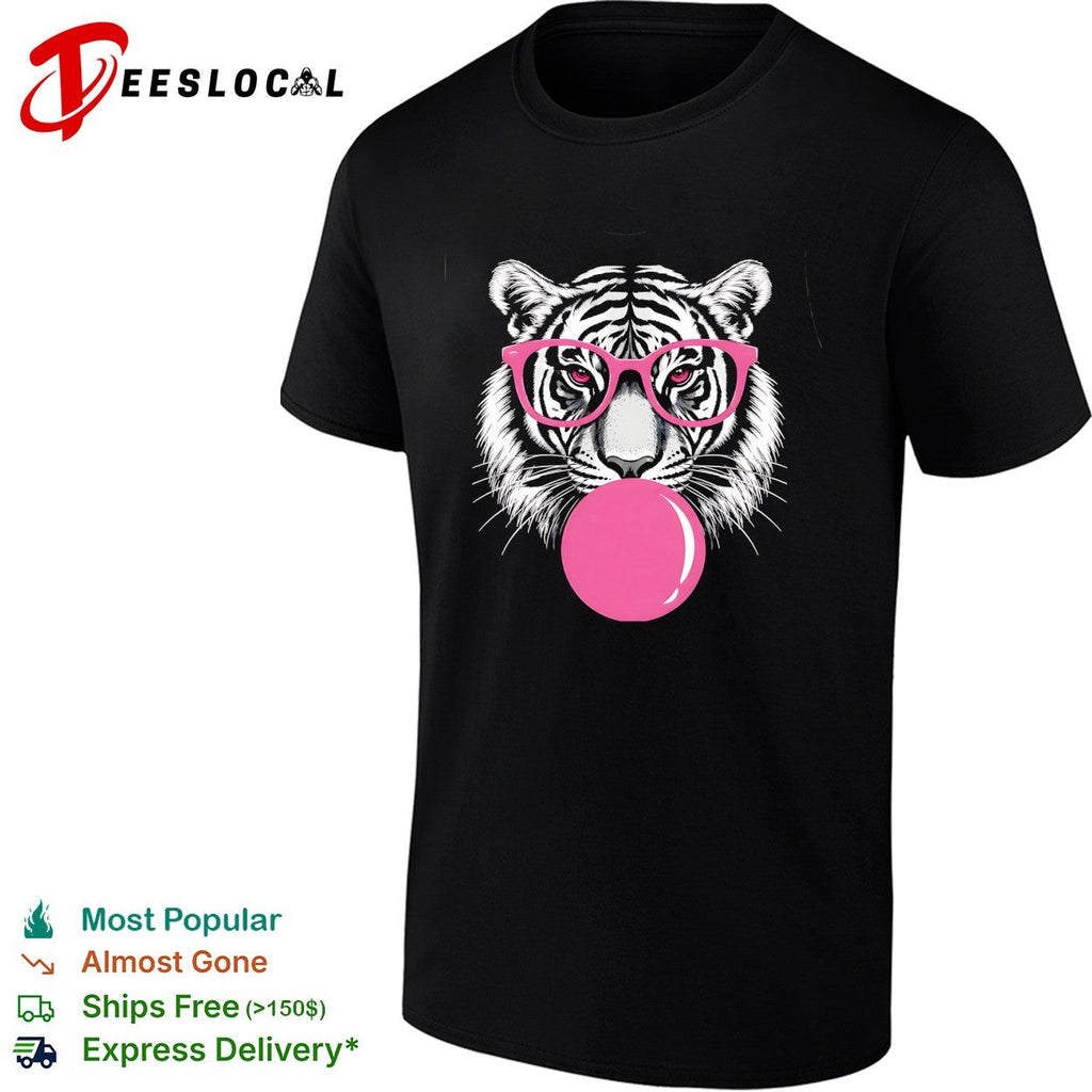Pink Glasses Bubblegum Tiger Face Pop Art Illustration Print shirt Unisex
