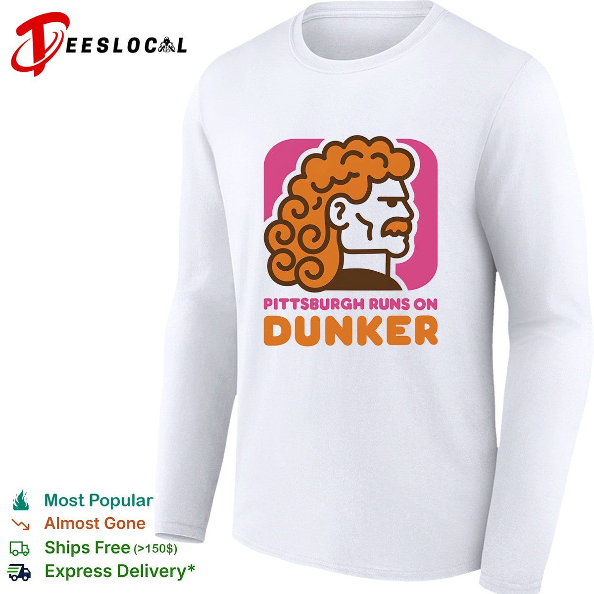 Pittsburgh runs on Dunker curly-haired bearded man profile bold logo parody shirt Unisex