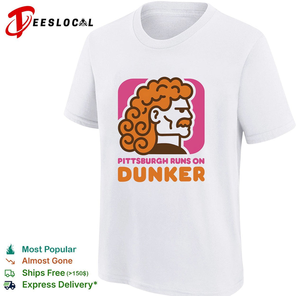 Pittsburgh runs on Dunker curly-haired bearded man profile bold logo parody shirt Unisex