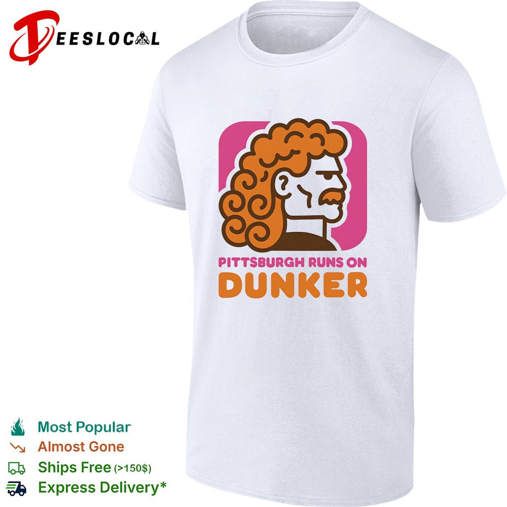 Pittsburgh runs on Dunker curly-haired bearded man profile bold logo parody shirt Unisex