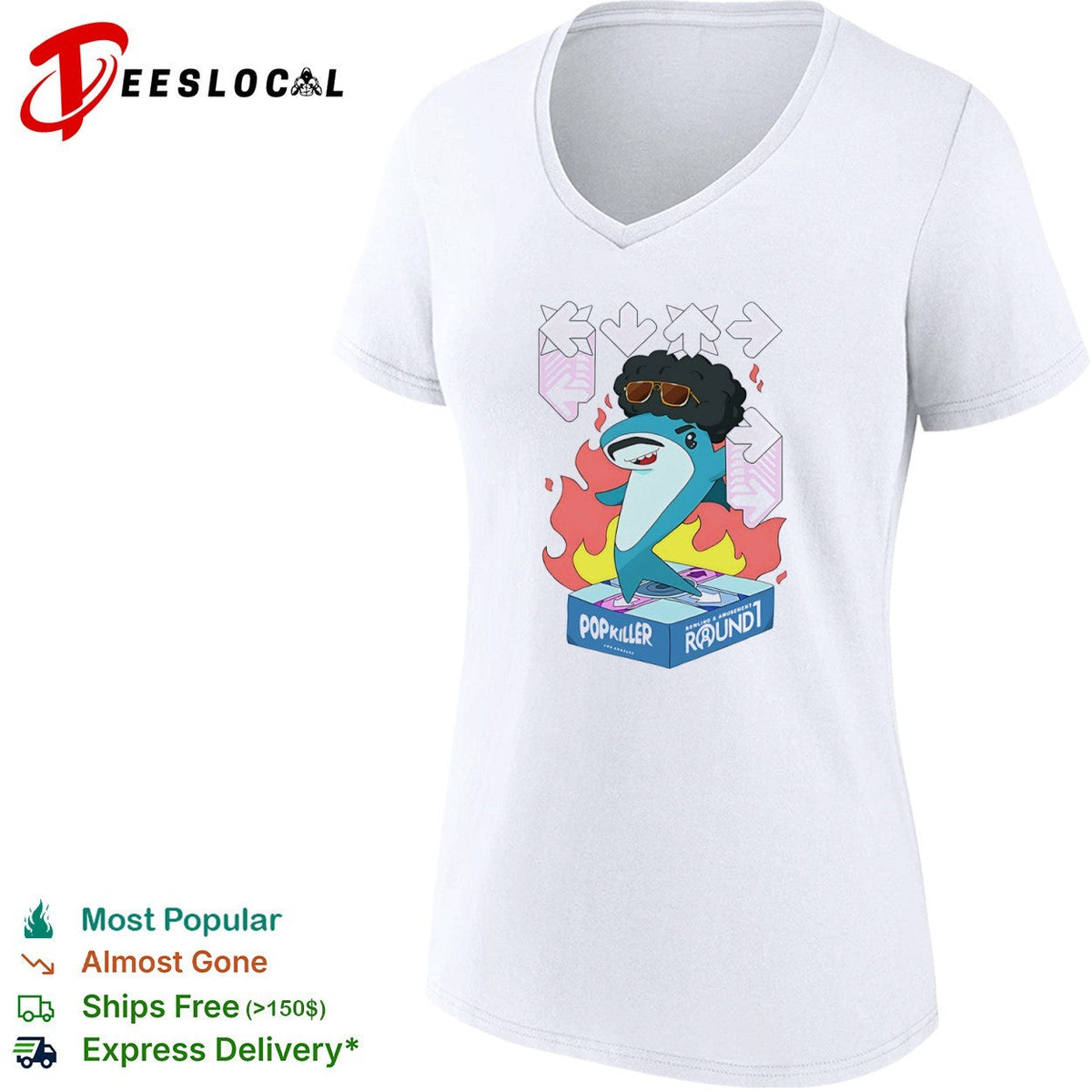 Popkiller Round 1 Bowling and Amusement Disco Shark Dance Shirt Unisex