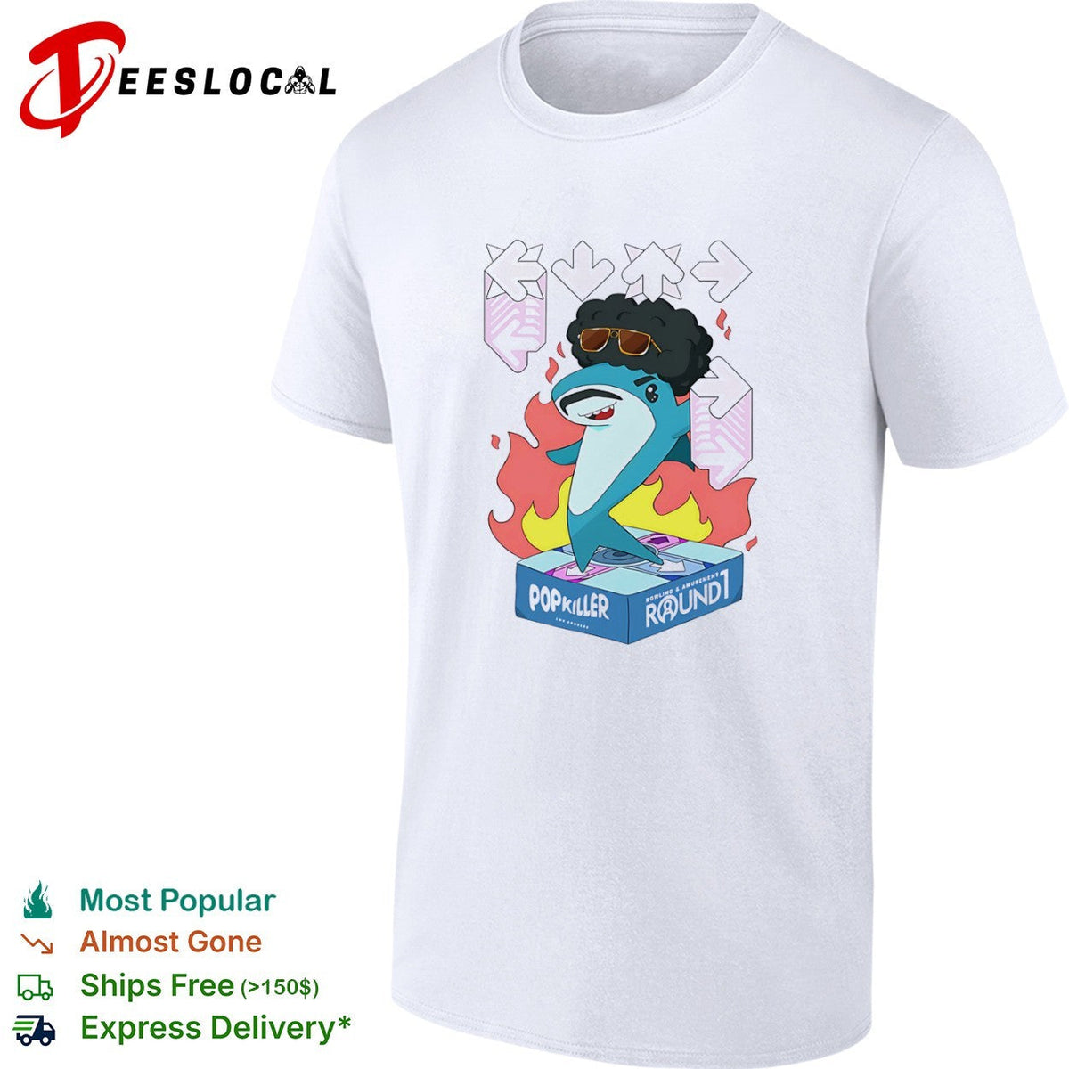Popkiller Round 1 Bowling and Amusement Disco Shark Dance Shirt Unisex