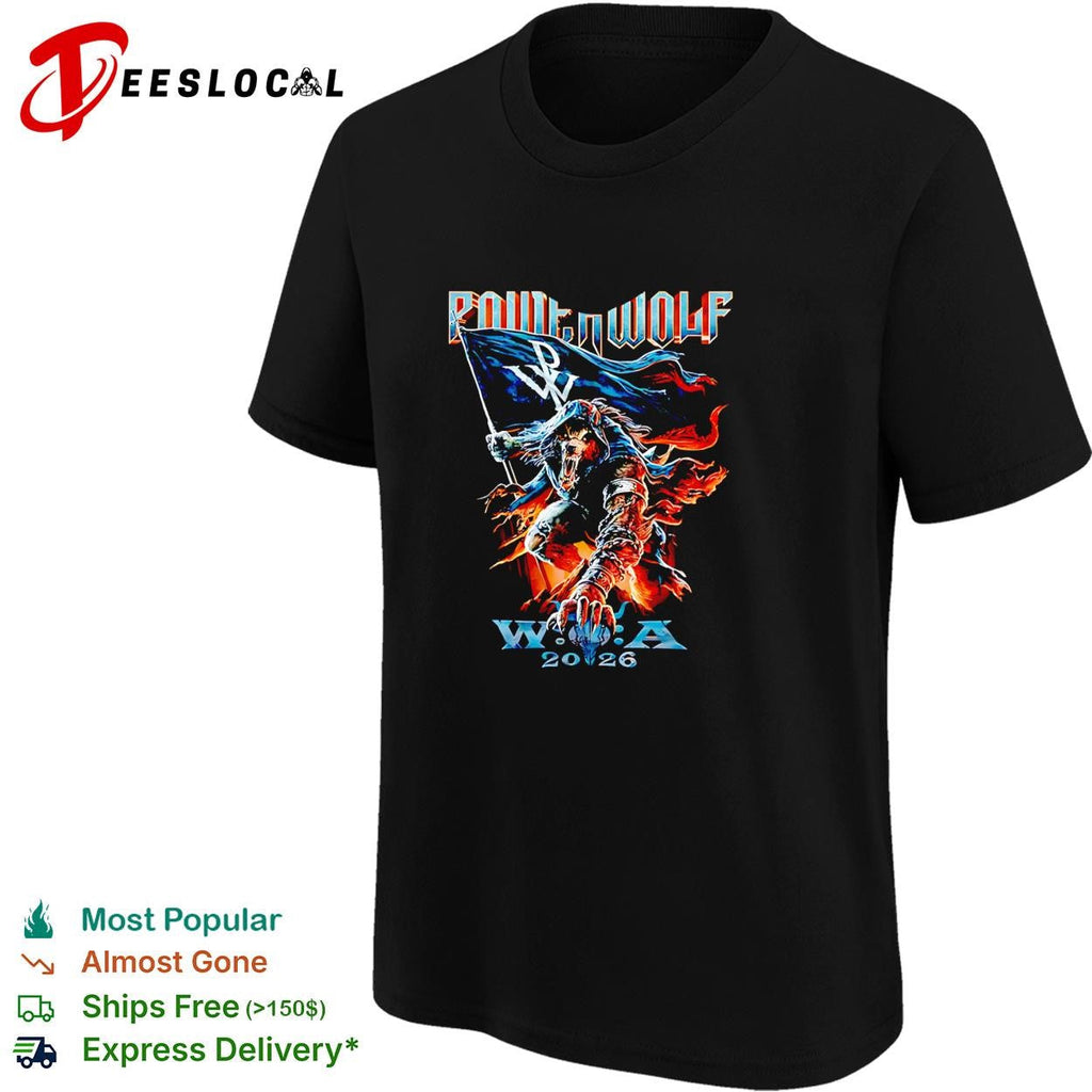 Powerwolf wolf knight holding flag W.O.A 2026 festival illustration poster shirt Unisex