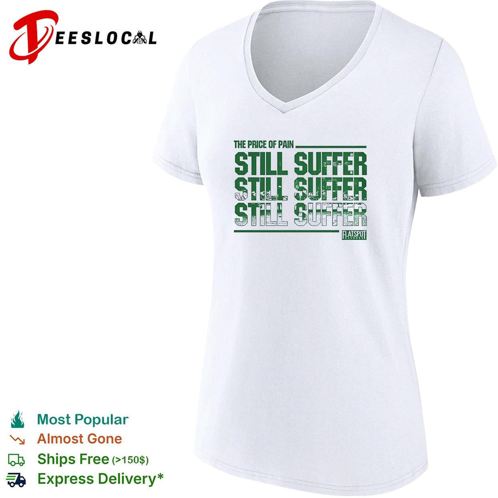 Price of pain bold repeated green distressed text Flatspot Records white shirt Unisex