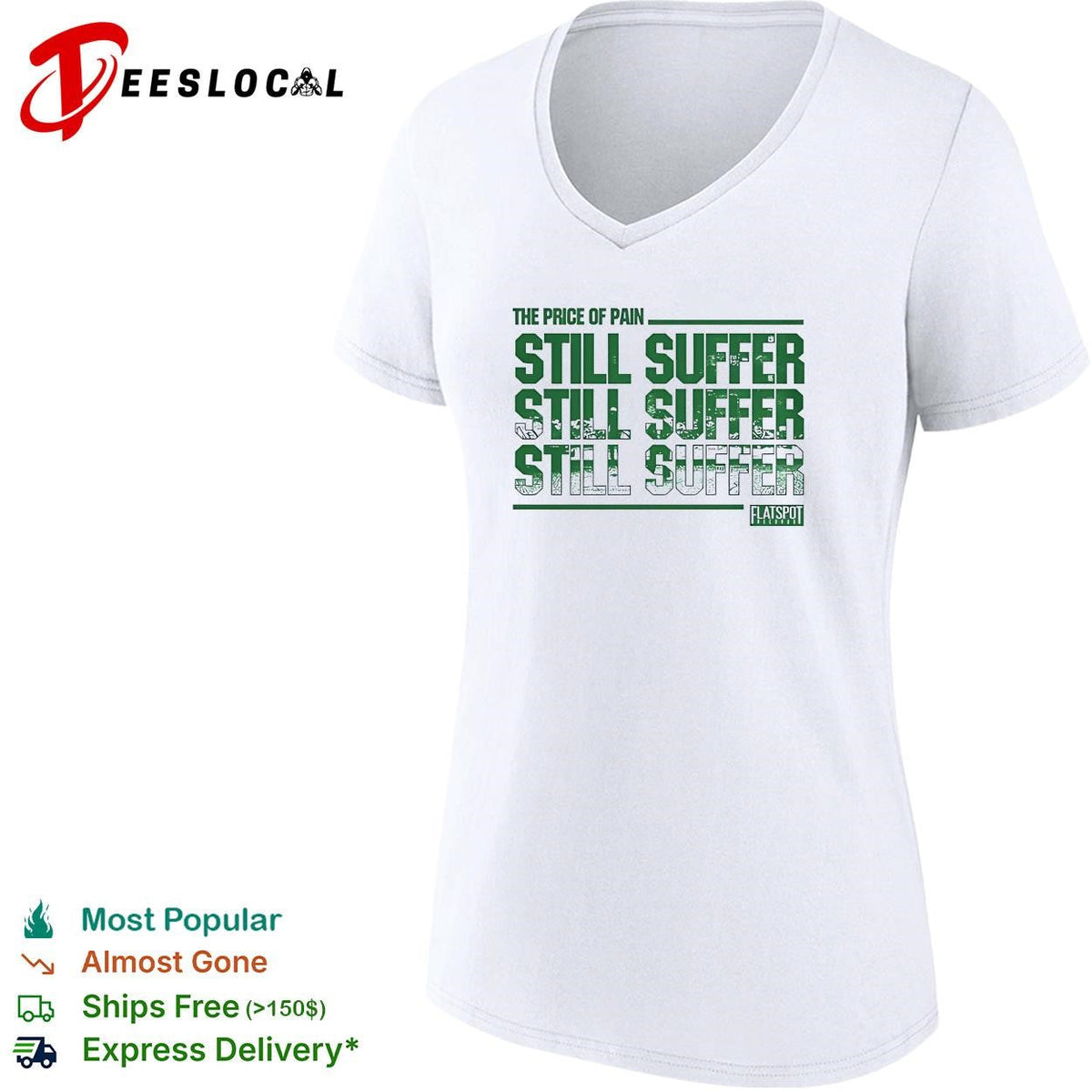 Price of pain bold repeated green distressed text Flatspot Records white shirt Unisex