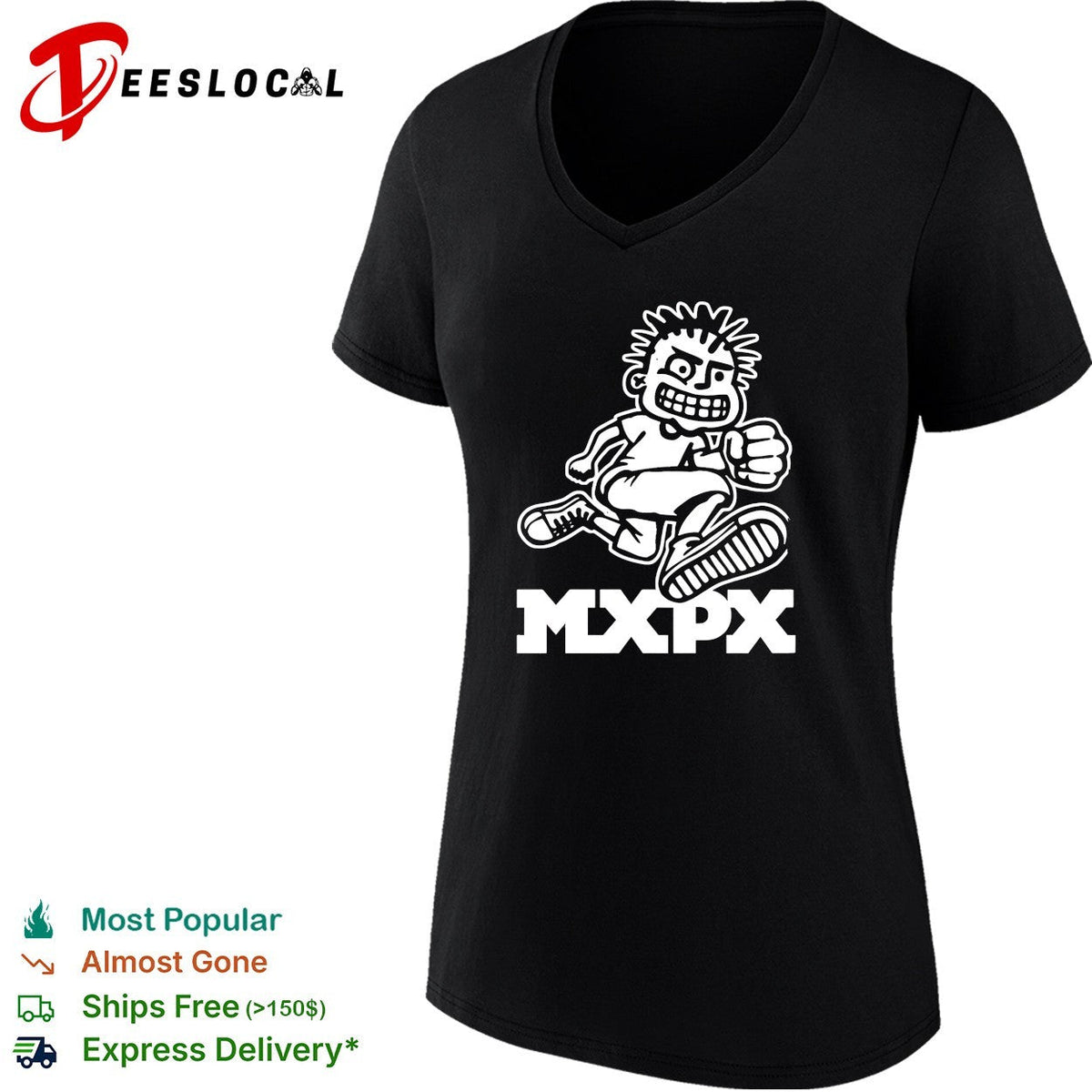 Punk rock cartoon mascot running fist bold band logo art shirt Unisex