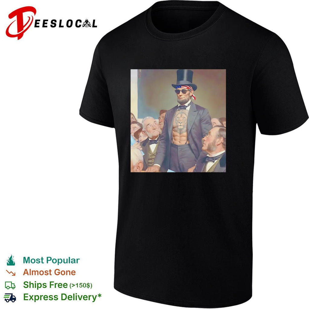 Abraham Lincoln lion chest tattoo top hat and sunglasses portrait graphic shirt Unisex