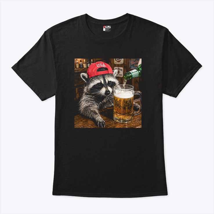 Raccoon Drinking Beer Patriotic USA T Shirt Unisex