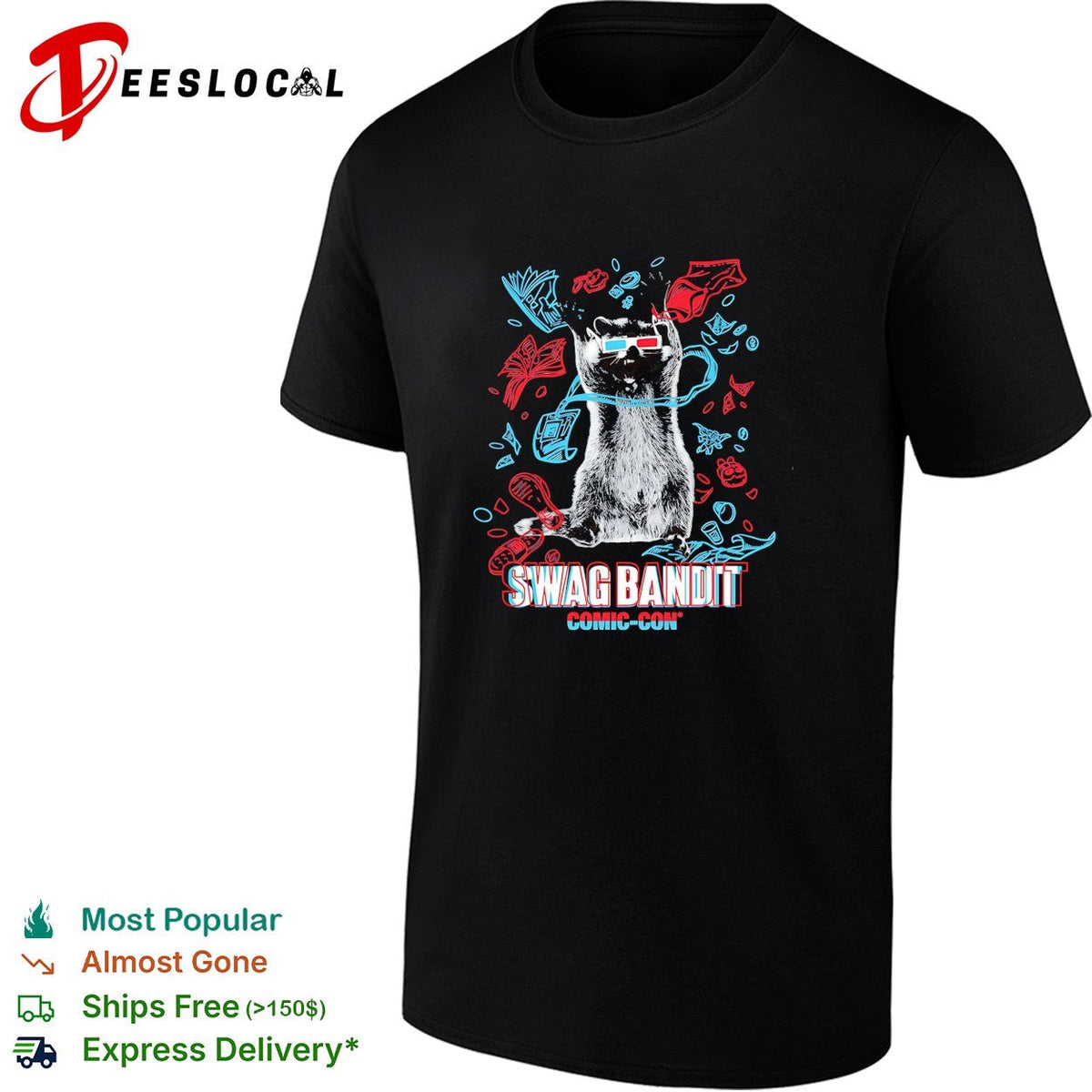 Raccoon wearing 3D glasses swag bandit comic con shirt Unisex