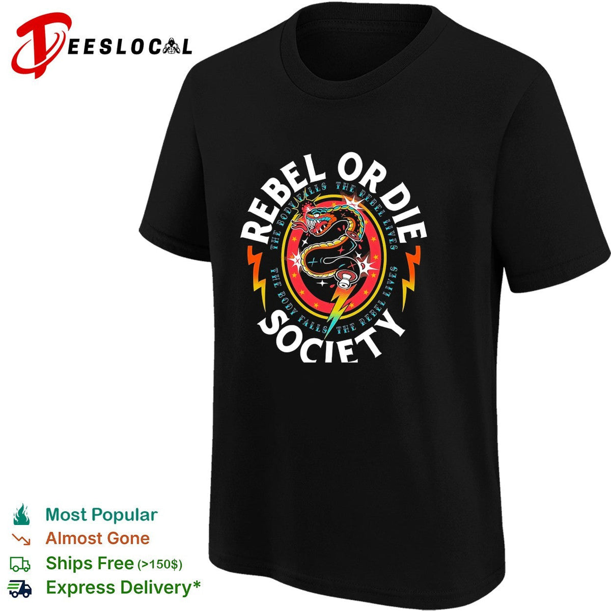 Rebel or die society snake lightning bolt graphic shirt Unisex