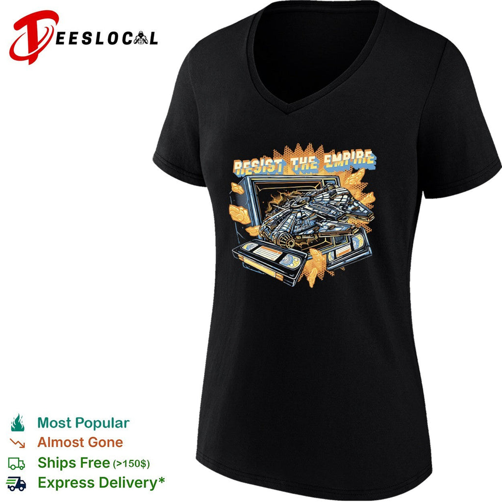 Resist the Empire the Millennium Falcon coming through a television alongside video tapes shirt
