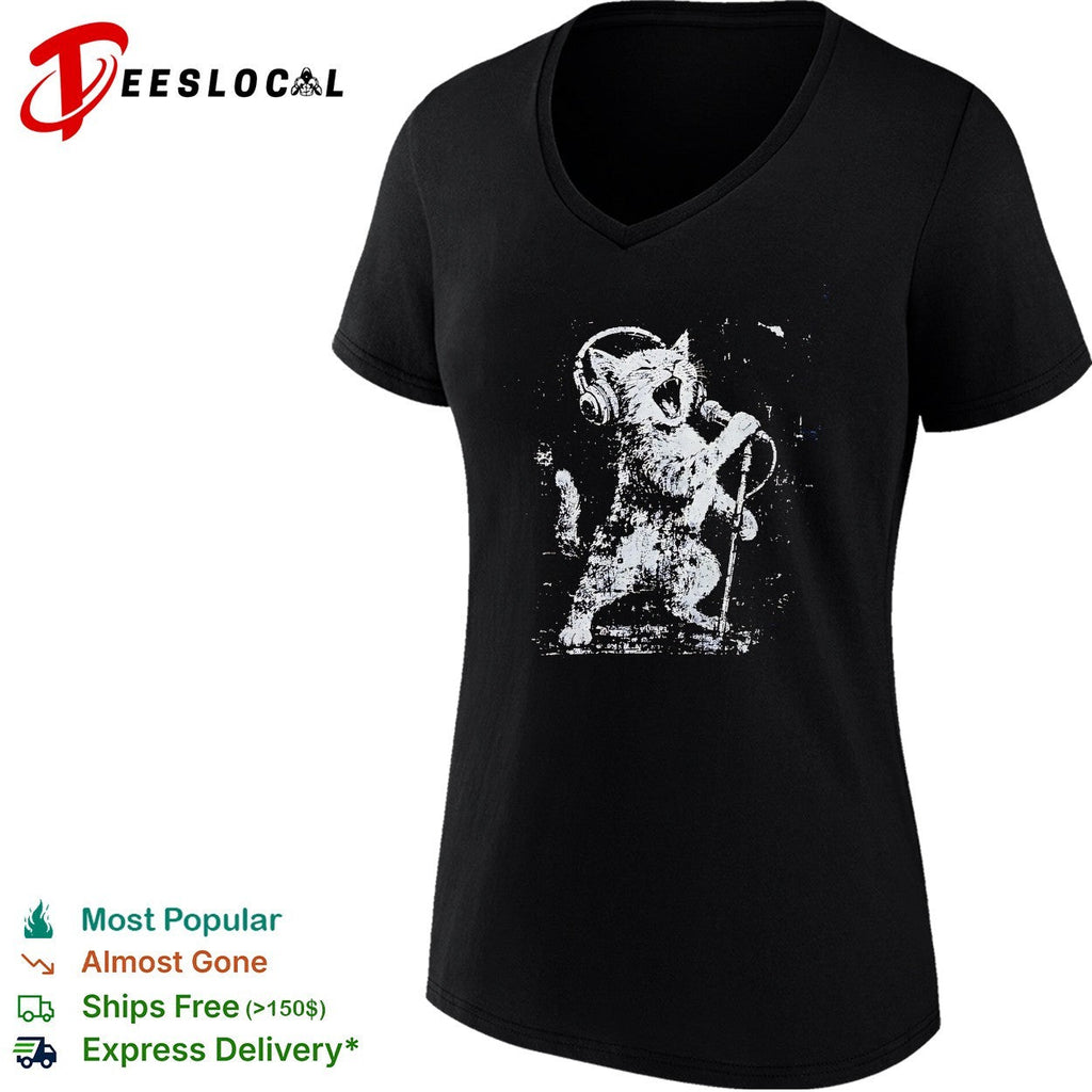 Rockstar cat headphones microphone shirt Unisex