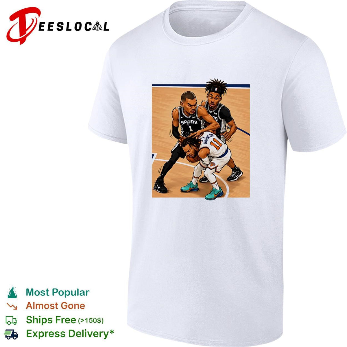San Antonio Spurs Wembanyama defending Brunson basketball action illustration shirt Unisex
